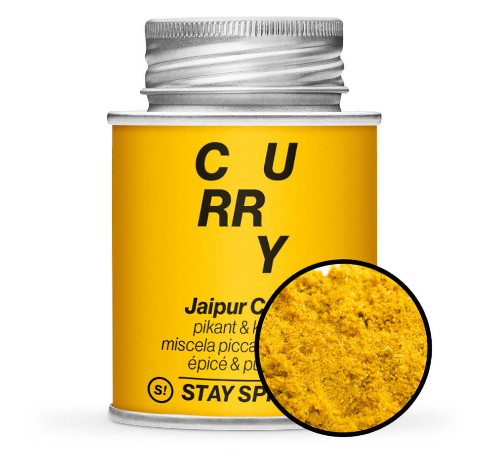 Jaipur Curry pikante Mischung - Gelb Gewürzdose mit kleiner runder Gewürz-Vorschau von STAY SPICED! bei Chefkoch-Gewürze