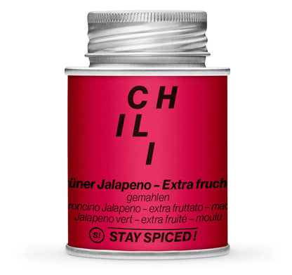Jalapeno Chili grün gemahlen - Geschlossene Rote Gewürzdose von STAY SPICED