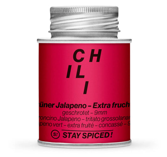 Jalapeno Chili grün geschrotet 9mm - Geschlossene Pink Gewürzdose von STAY SPICED !