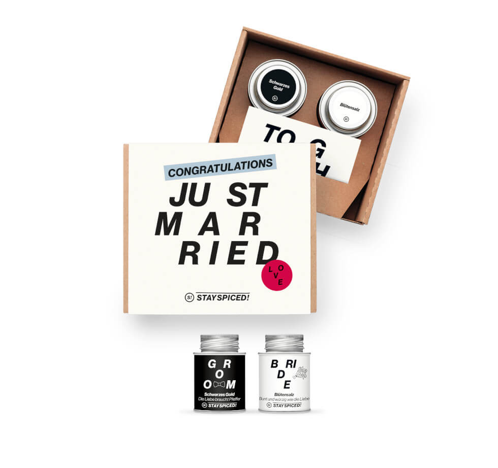 Die liebevoll gestaltete Just Married Geschenkbox von STAY SPICED ! mit zwei edlen Gewürzen für das Brautpaar