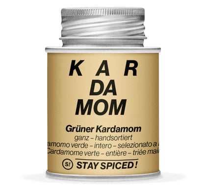 Hellbraune Gewürzdose und Detailansicht von Kardamom grün ganz von STAY SPICED! bei Chefkoch-Gewürze