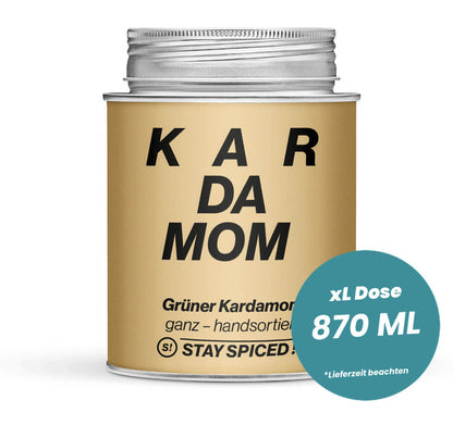 Grosse hellbraune XL-Dose mit Kardamom grün ganz von STAY SPICED! bei Chefkoch-Gewürze