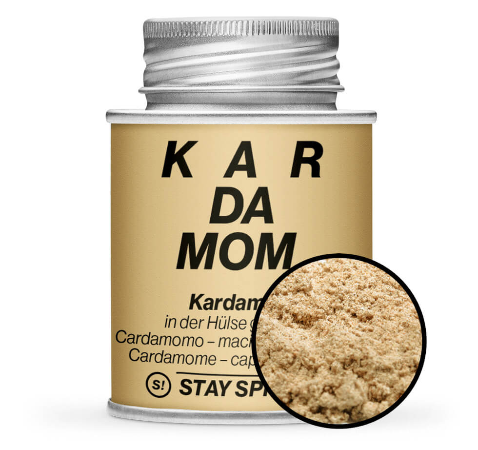 Hellbraune Gewürzdose und Detailansicht von Kardamom in der Hülse gemahlen von STAY SPICED! bei Chefkoch-Gewürze