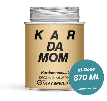 Grosse hellbraune XL-Dose mit Kardamomsaat ganz von STAY SPICED! bei Chefkoch-Gewürze