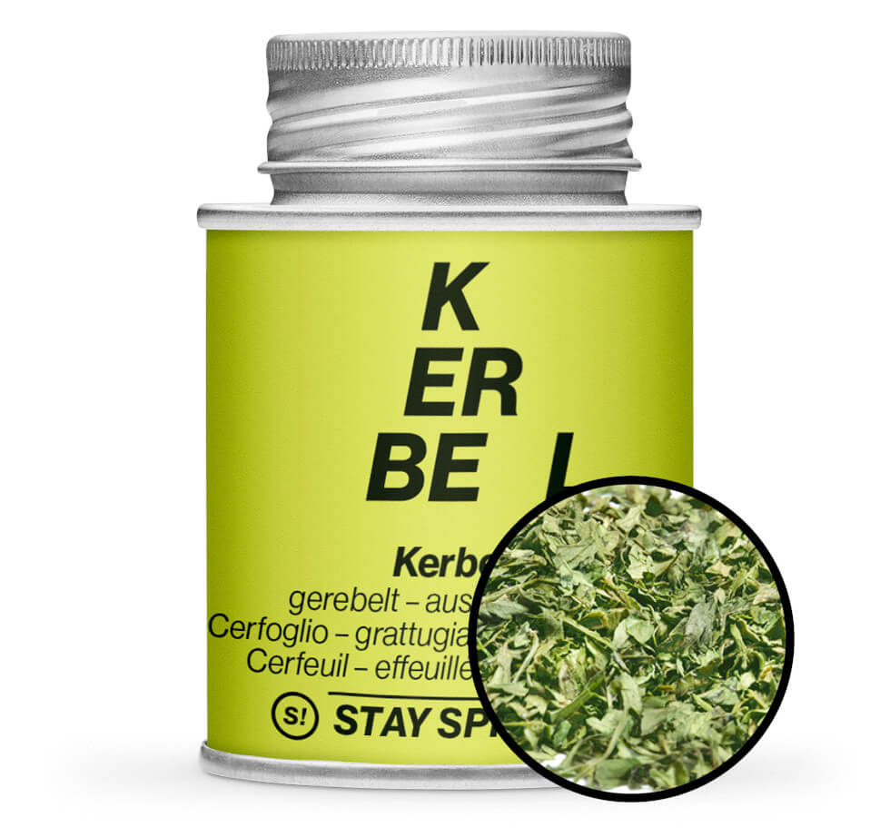 Hellgrüne Gewürzdose und Detailansicht von Kerbel gerebelt von STAY SPICED! bei Chefkoch-Gewürze