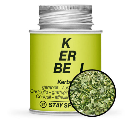 Hellgrüne Gewürzdose und Detailansicht von Kerbel gerebelt von STAY SPICED! bei Chefkoch-Gewürze