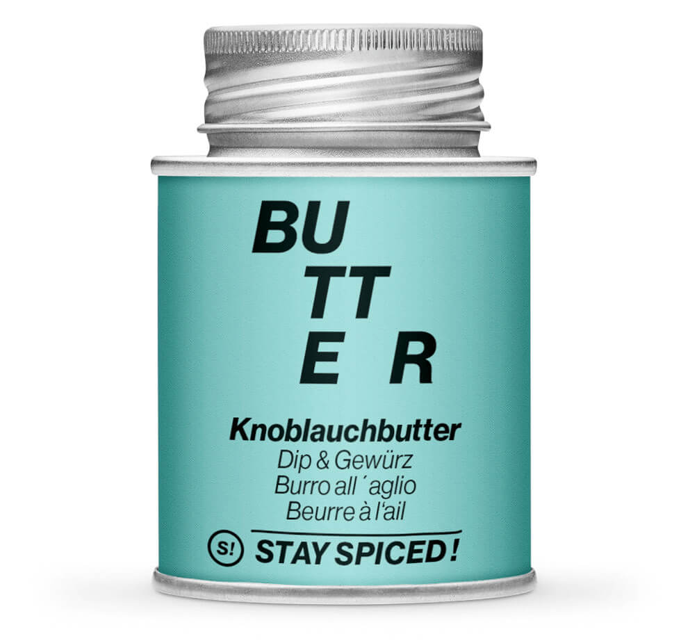 Knoblauchbutter Gewürz - Geschlossene hellblaue Gewürzdose von STAY SPICED