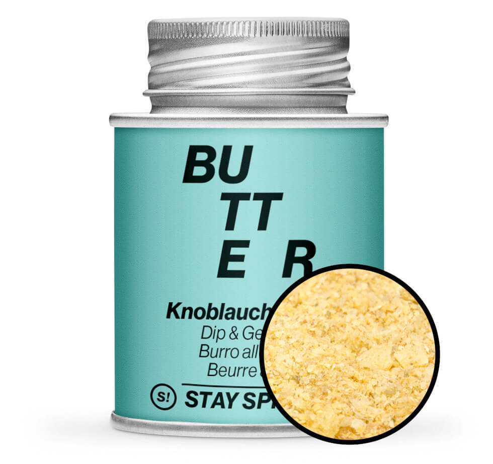 Knoblauchbutter Gewürz - Hellblaue Gewürzdose mit kleiner runder Gewürz-Vorschau von STAY SPICED ! bei Chefkoch-Gewürze