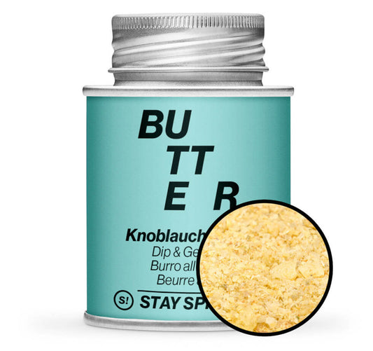 Knoblauchbutter Gewürz - Hellblaue Gewürzdose mit kleiner runder Gewürz-Vorschau von STAY SPICED ! bei Chefkoch-Gewürze