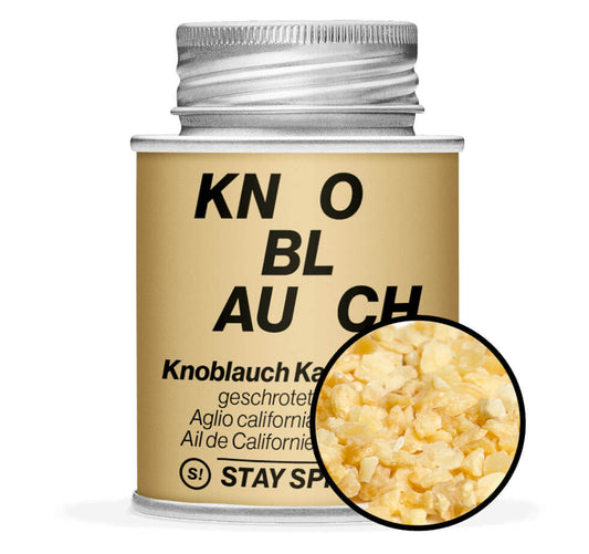 Hellbraune Gewürzdose und Detailansicht von Knoblauchflakes, geschrotet 1-3mm von STAY SPICED! bei Chefkoch-Gewürze