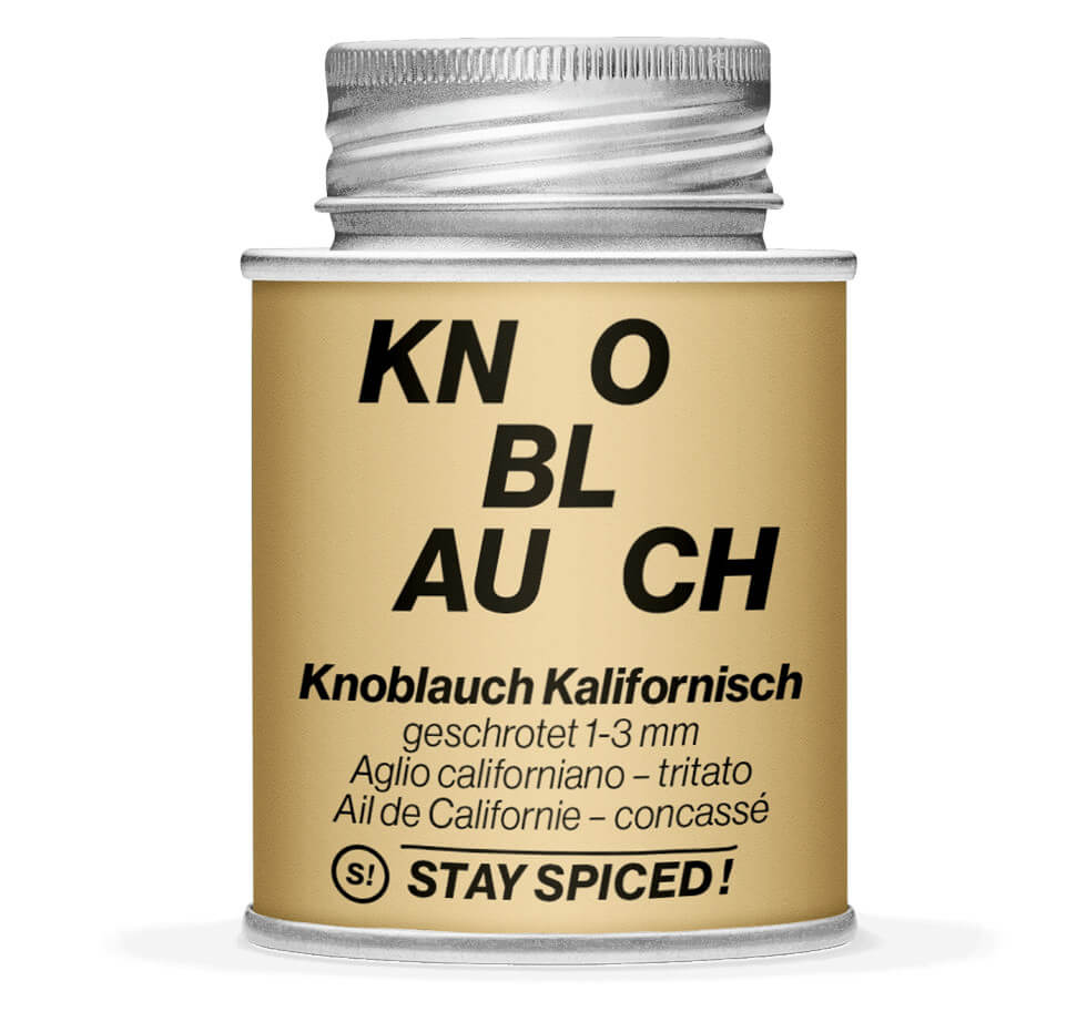 Hellbraune Gewürzdose mit Knoblauchflakes, geschrotet 1-3mm von STAY SPICED! bei Chefkoch-Gewürze