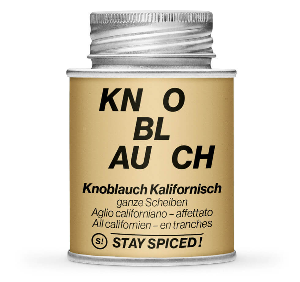 Hellbraune Gewürzdose mit Knoblauchflocken Kalifornisch - ganze Scheiben von STAY SPICED! bei Chefkoch-Gewürze