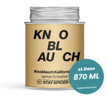 Grosse hellbraune XL-Dose mit Knoblauchflocken Kalifornisch - ganze Scheiben von STAY SPICED! bei Chefkoch-Gewürze