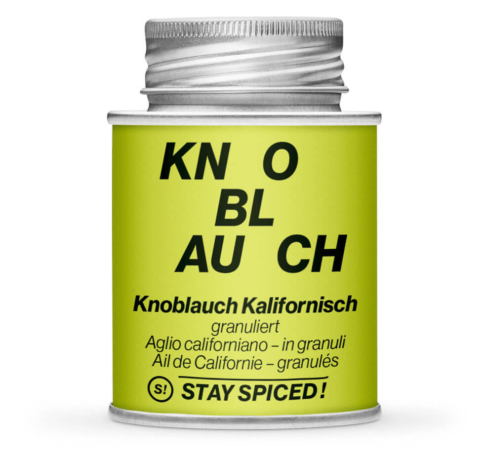 Hellgrüne Gewürzdose mit Knoblauchgranulat - Kalifornisch von STAY SPICED! bei Chefkoch-Gewürze