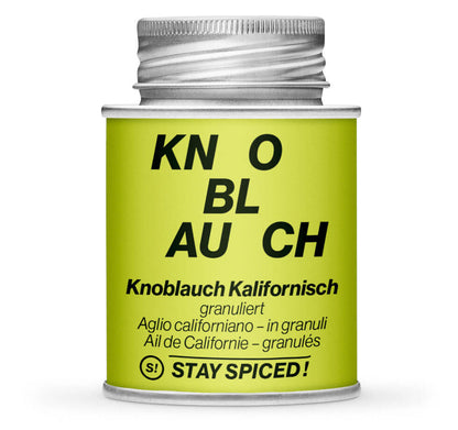 Hellgrüne Gewürzdose mit Knoblauchgranulat - Kalifornisch von STAY SPICED! bei Chefkoch-Gewürze
