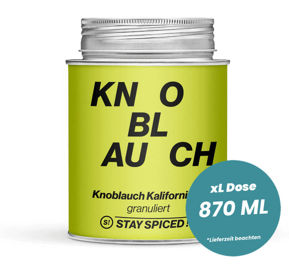 Grosse hellgrüne XL-Dose mit Knoblauchgranulat - Kalifornisch von STAY SPICED! bei Chefkoch-Gewürze