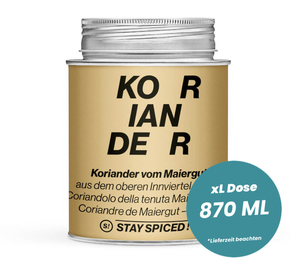 Koriander ganz in der grossen XL-Dose (870ml) von STAY SPICED!