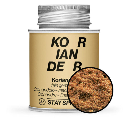 Koriander gemahlen - Detaillierte Nahaufnahme der Dose von STAY SPICED! bei Chefkoch-Gewürze
