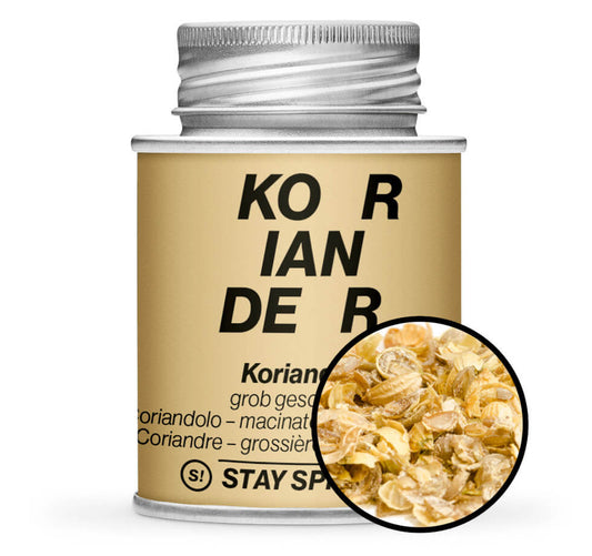 Koriander grob geschrotet - Detaillierte Nahaufnahme der Dose von STAY SPICED! bei Chefkoch-Gewürze