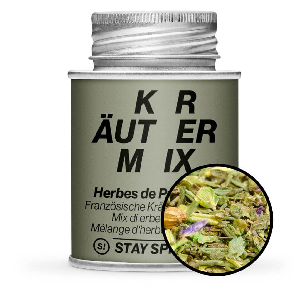 Kräuter Herbes de Provence - Grüne Gewürzdose mit kleiner runder Gewürz-Vorschau von STAY SPICED! bei Chefkoch-Gewürze