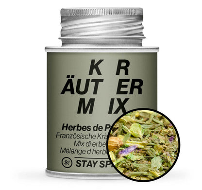 Kräuter Herbes de Provence - Grüne Gewürzdose mit kleiner runder Gewürz-Vorschau von STAY SPICED! bei Chefkoch-Gewürze