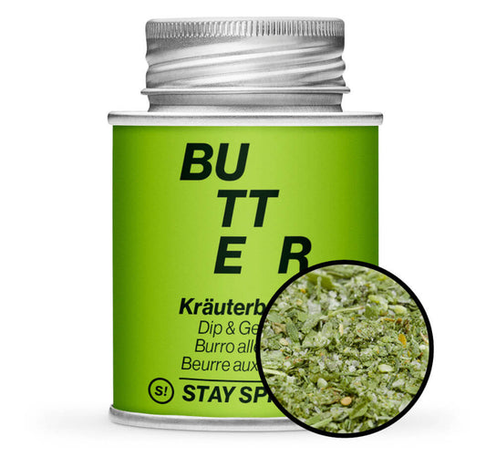 Kräuterbutter Gewürz - Grüne Gewürzdose mit kleiner runder Gewürz-Vorschau von STAY SPICED ! bei Chefkoch-Gewürze
