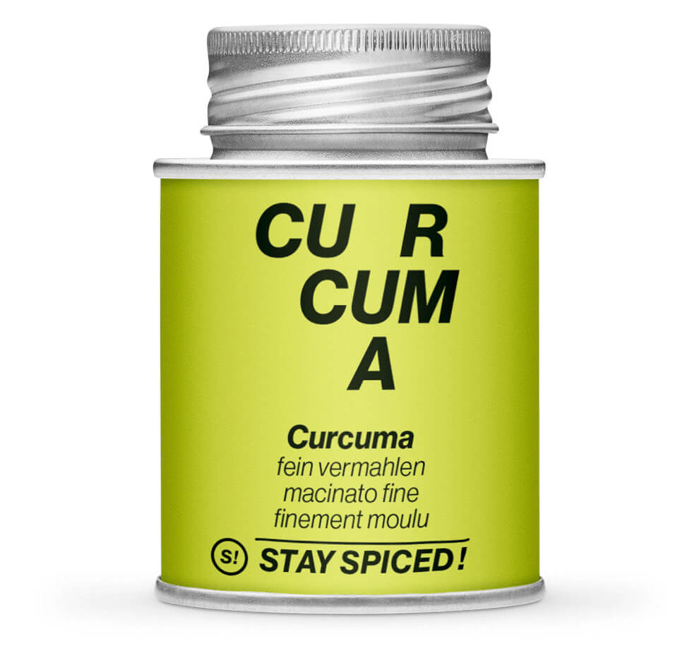 Hellgrüne Gewürzdose und Detailansicht von Kurkuma - Gelbwurz - gemahlen von STAY SPICED! bei Chefkoch-Gewürze