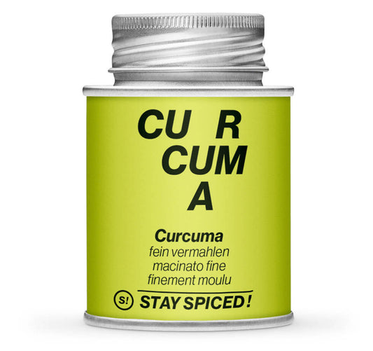 Hellgrüne Gewürzdose und Detailansicht von Kurkuma - Gelbwurz - gemahlen von STAY SPICED! bei Chefkoch-Gewürze