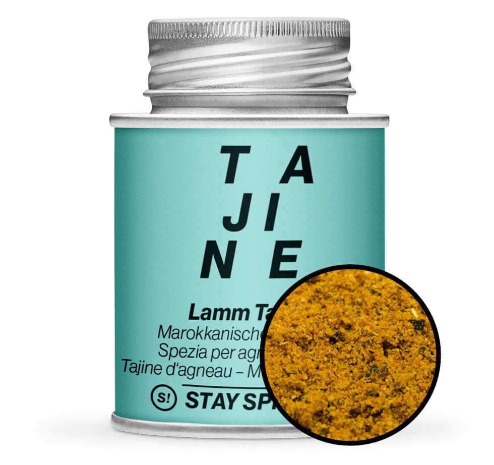 Lammgewürz Tajine - Hellblaue Gewürzdose mit kleiner runder Gewürz-Vorschau von STAY SPICED ! bei Chefkoch-Gewürze