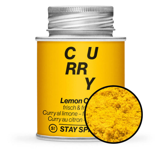 Lemon Curry, zitroniger Curry - Gelb Gewürzdose mit kleiner runder Gewürz-Vorschau von STAY SPICED! bei Chefkoch-Gewürze