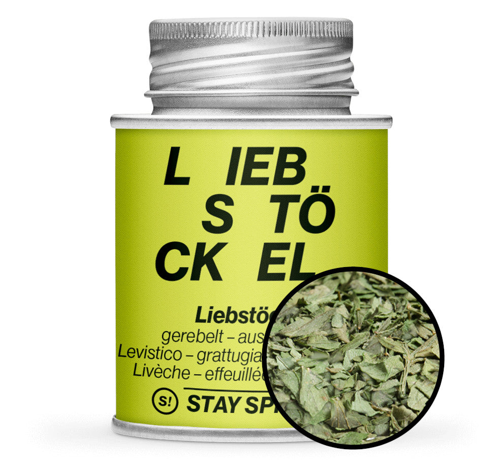 Liebstöckel gerebelt - Detaillierte Nahaufnahme der Dose von STAY SPICED! bei Chefkoch-Gewürze