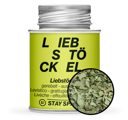 Liebstöckel gerebelt - Detaillierte Nahaufnahme der Dose von STAY SPICED! bei Chefkoch-Gewürze