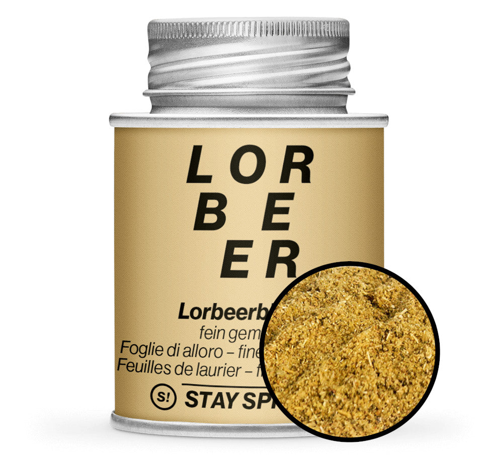 Lorbeerblätter fein gemahlen - Detaillierte Nahaufnahme der Dose von STAY SPICED! bei Chefkoch-Gewürze