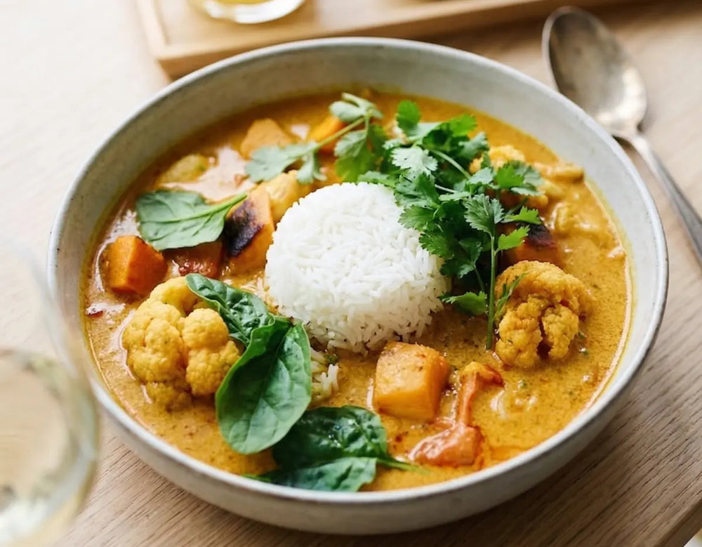 Cremiges Gemüse Curry mit Reis und frischem Koriander in einer Schüssel online kaufen bei chefkoch-gewürze Schweiz