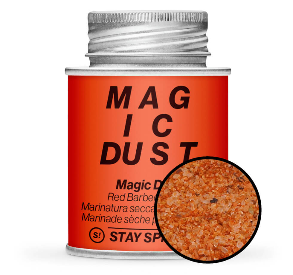 Magic Dust Red Barbecue Rub - Rote Gewürzdose mit kleiner runder Gewürz-Vorschau von STAY SPICED ! bei Chefkoch-Gewürze