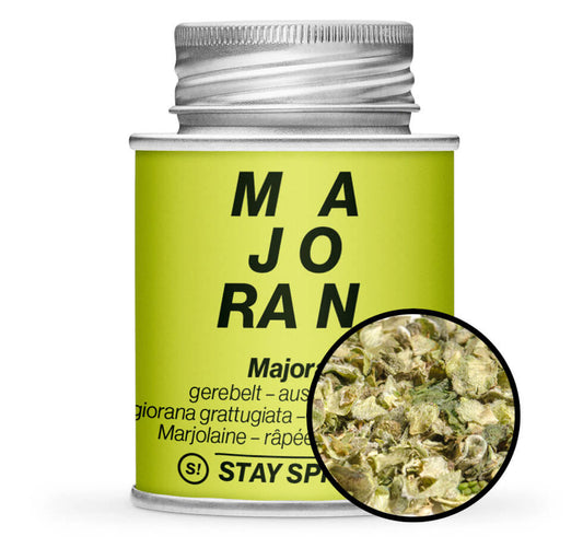Majoran gerebelt original Thüringer - Detaillierte Nahaufnahme der Dose von STAY SPICED! bei Chefkoch-Gewürze