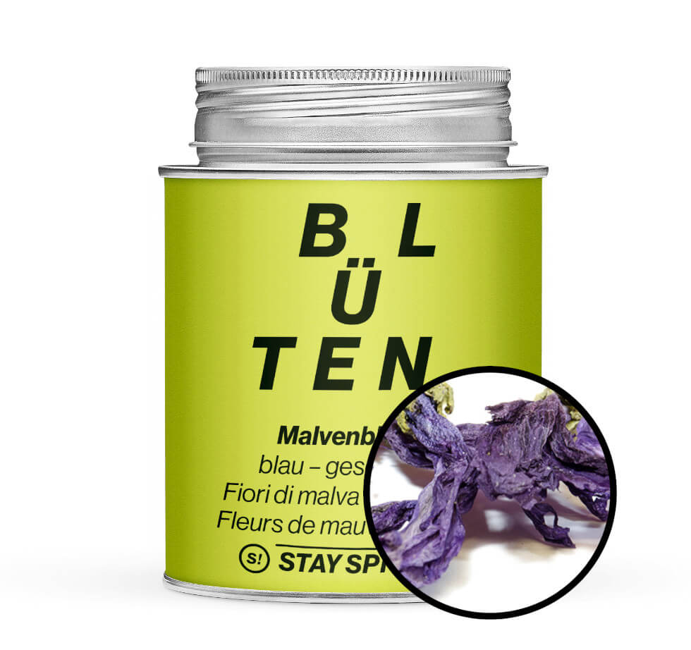 Malvenblüten blau geschnitten - Hellgrüne Gewürzdose mit kleiner runder Gewürz-Vorschau von STAY SPICED ! bei Chefkoch-Gewürze