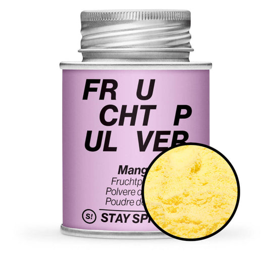 Mango Fruchtpulver - Lila Gewürzdose mit kleiner runder Gewürz-Vorschau von STAY SPICED! bei Chefkoch-Gewürze