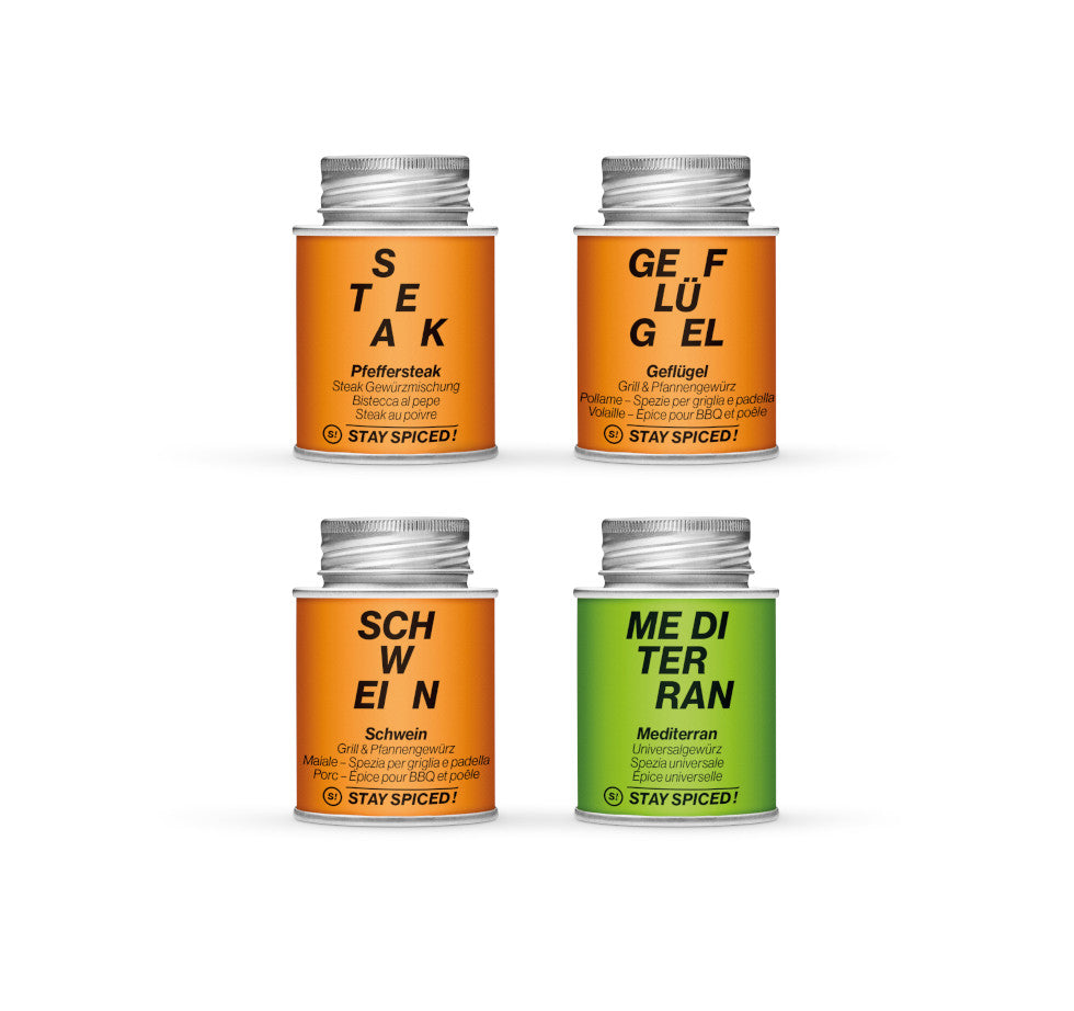 Geöffnete Meat Lover Geschenkset Box mit vier geschmacksintensiven STAY SPICED ! Gewürzdosen