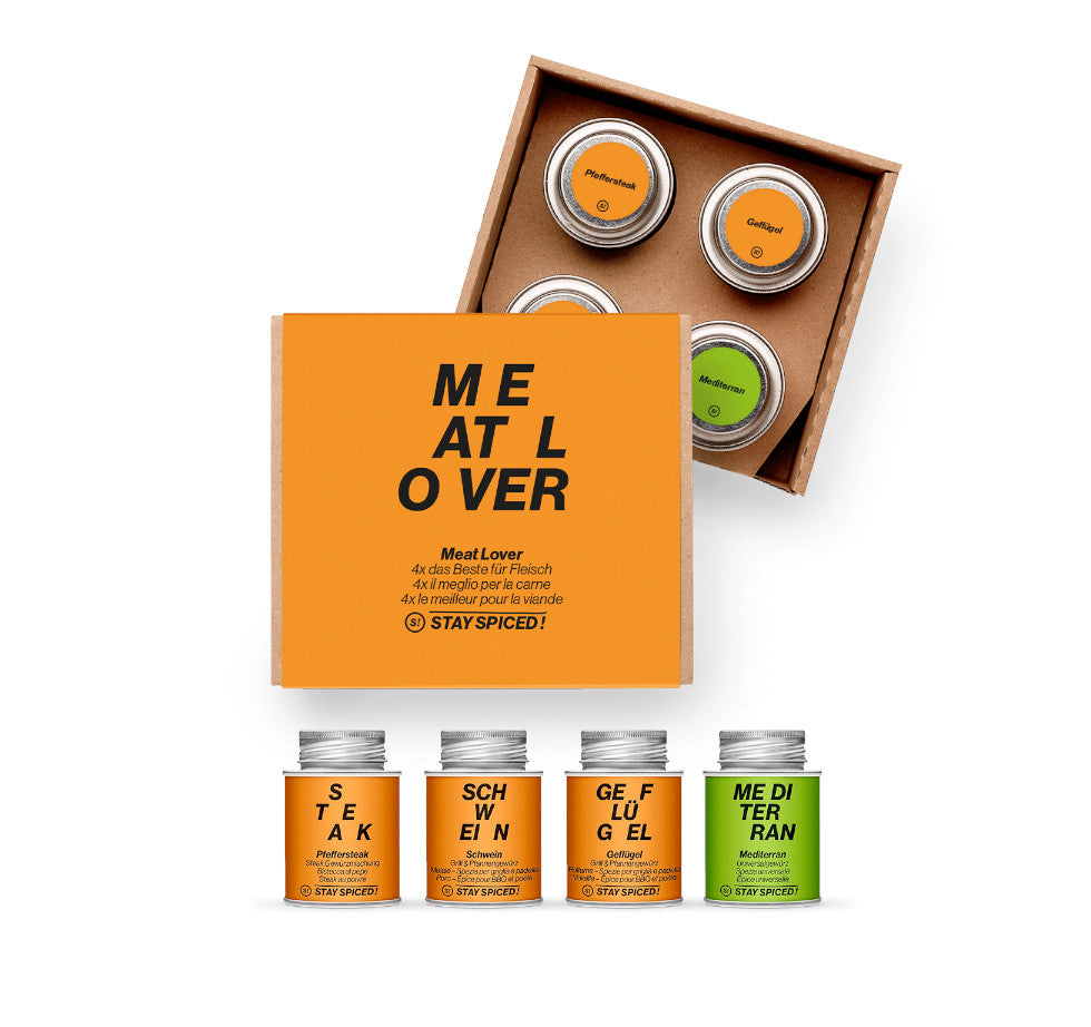 Das Meat Lover Geschenkset von STAY SPICED ! präsentiert vier erlesene Spezialitäten für Fleischliebhaber