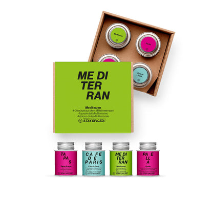 Die Mediterran Geschenkbox von STAY SPICED ! holt den Urlaub mit vier ausgewählten Spezialitäten nach Hause