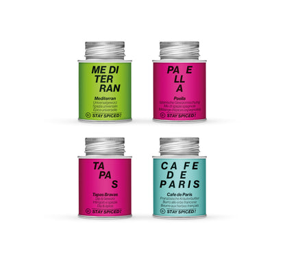Geöffnete Mediterran Geschenkset Box mit vier aromatischen STAY SPICED ! Gewürzdosen