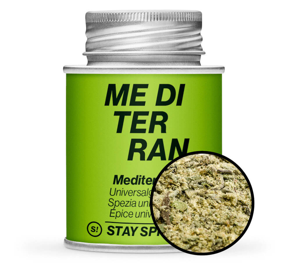 Mediterran Universalgewürz - Hellgrüne Gewürzdose mit kleiner runder Gewürz-Vorschau von STAY SPICED ! bei Chefkoch-Gewürze