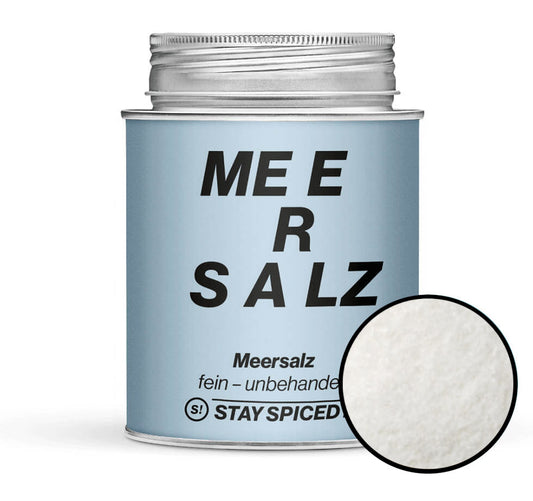Meersalz fein unbehandelt - Hellblaue Gewürzdose mit kleiner runder Gewürz-Vorschau von STAY SPICED! bei Chefkoch-Gewürze