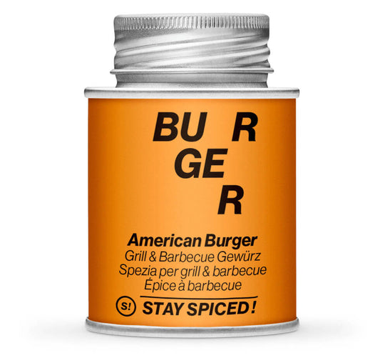 American Burger Fleischgewürz - Geschlossene orange Gewürzdose von STAY SPICED