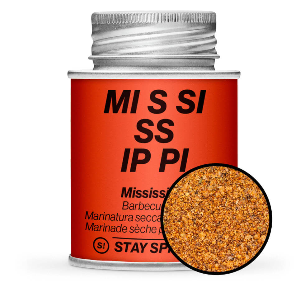 Mississippi Barbecue Rub - Rote Gewürzdose mit kleiner runder Gewürz-Vorschau von STAY SPICED ! bei Chefkoch-Gewürze