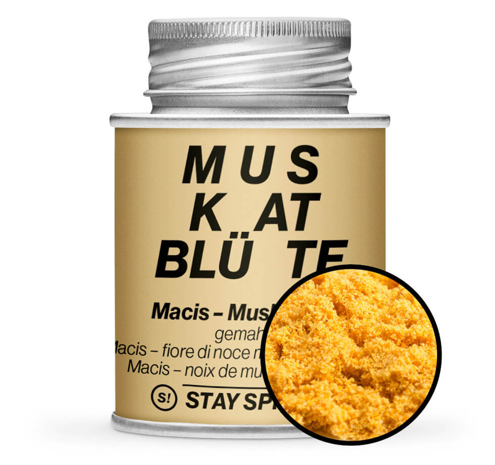 Muskatblüte gemahlen - Detaillierte Nahaufnahme der Dose von STAY SPICED! bei Chefkoch-Gewürze