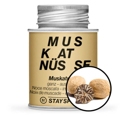 Muskatnüsse hell ganz - Detaillierte Nahaufnahme der Dose von STAY SPICED! bei Chefkoch-Gewürze