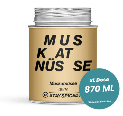 Muskatnüsse hell ganz in der grossen XL-Dose (870ml) von STAY SPICED!