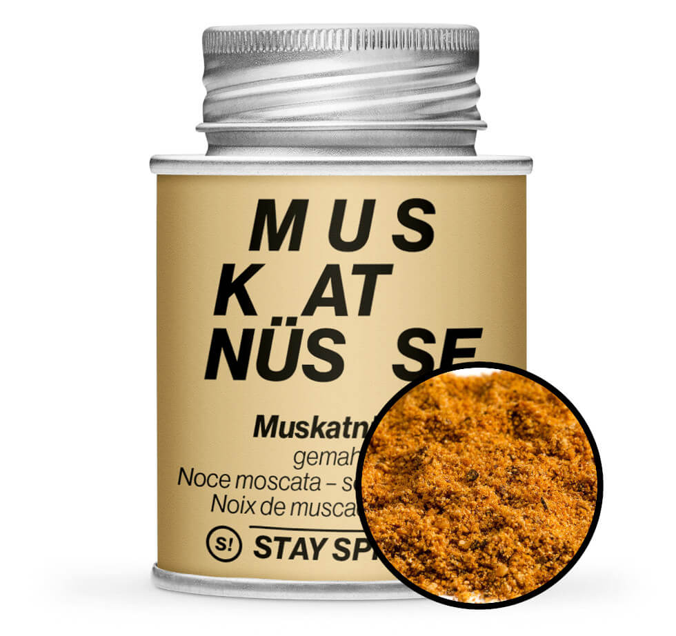 Muskatnüsse dunkel gemahlen - Detaillierte Nahaufnahme der Dose von STAY SPICED! bei Chefkoch-Gewürze